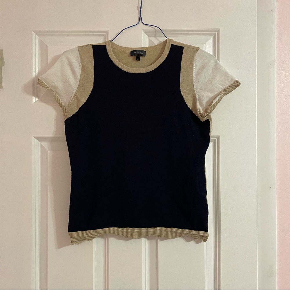 The Limited short sleeve colorblock navy, tan, and ivory sweater, size large